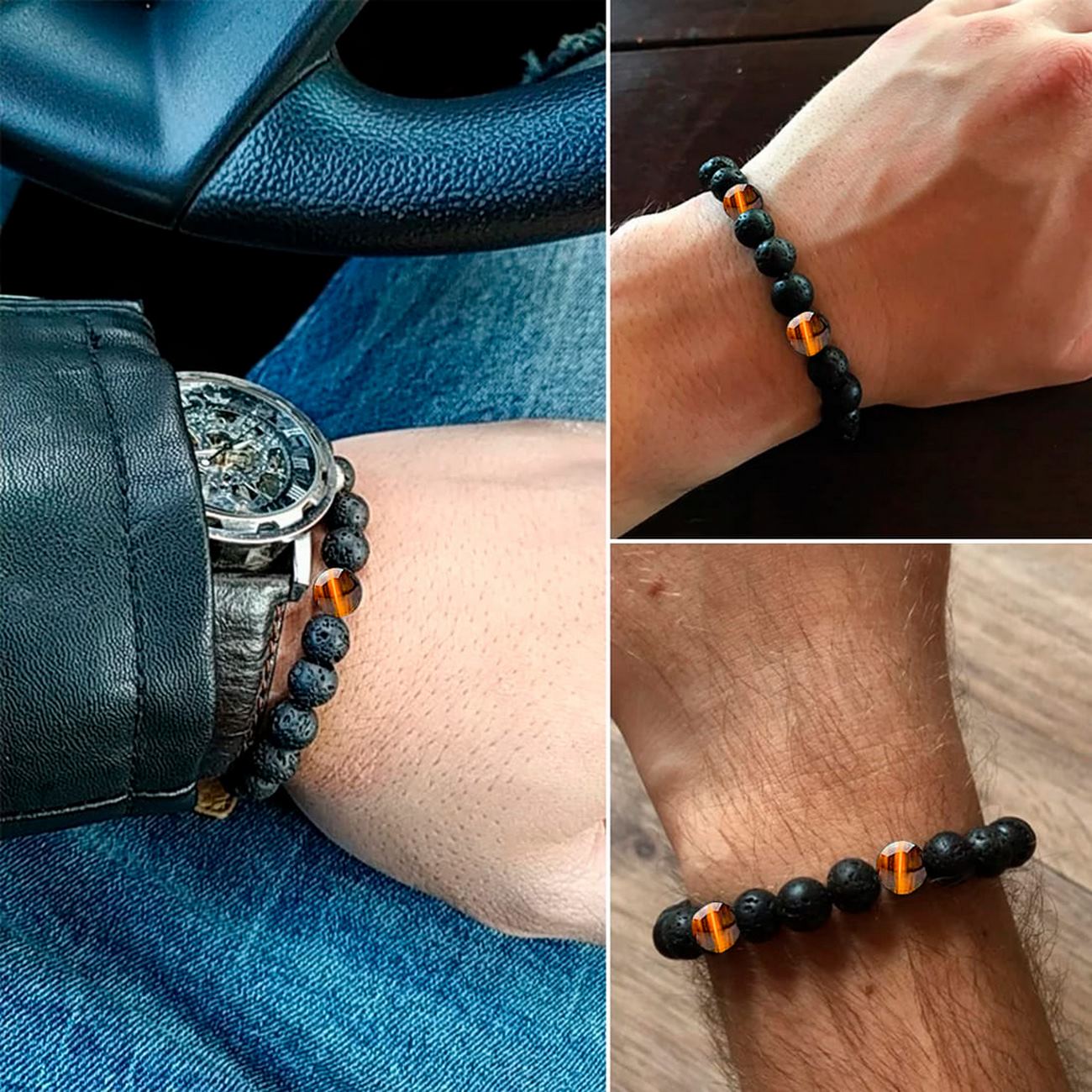 Pulsera Piedra Volcánica Ojo De Tigre + Estuche 