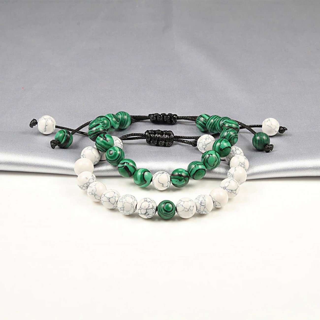 Pulsera Pareja Cuarzo Blanco - Cuarzo Malaquita + Estuche