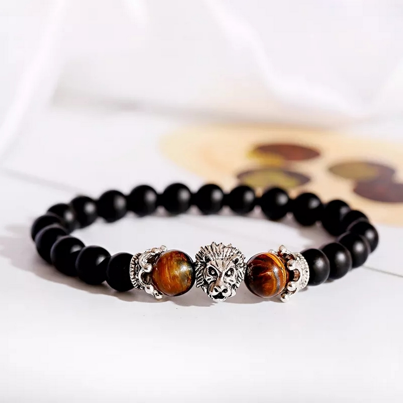 Pulsera Cuarzo Ojo De Tigre Leon Piedra Volcanica + Estuche 