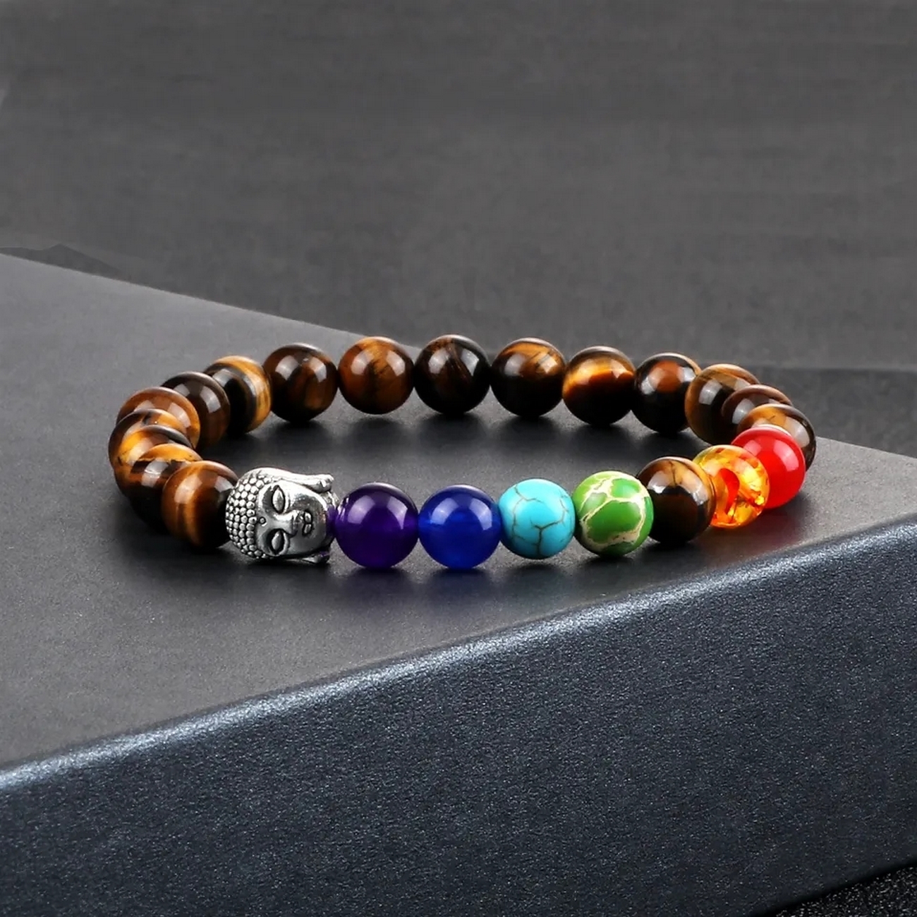 Pulsera Buda Cuarzo Ojo De Tigre 7 Chakras + Estuche 