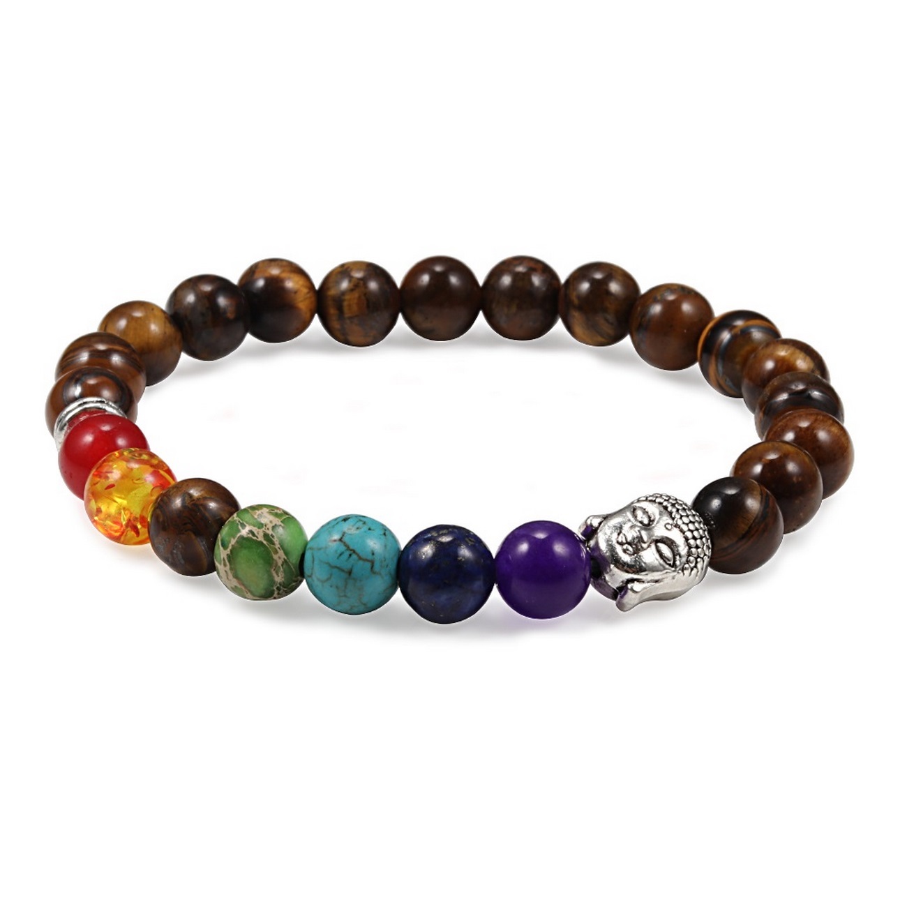 Pulsera Buda Cuarzo Ojo De Tigre 7 Chakras + Estuche 