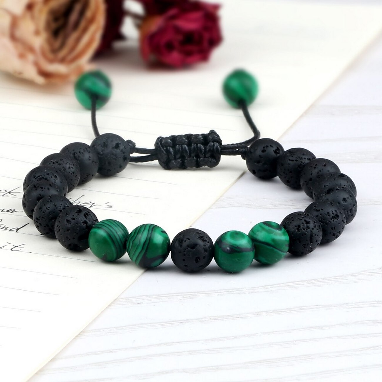 Pulsera Cuarzo Malaquita Piedra Volcanica +estuche Gamushop