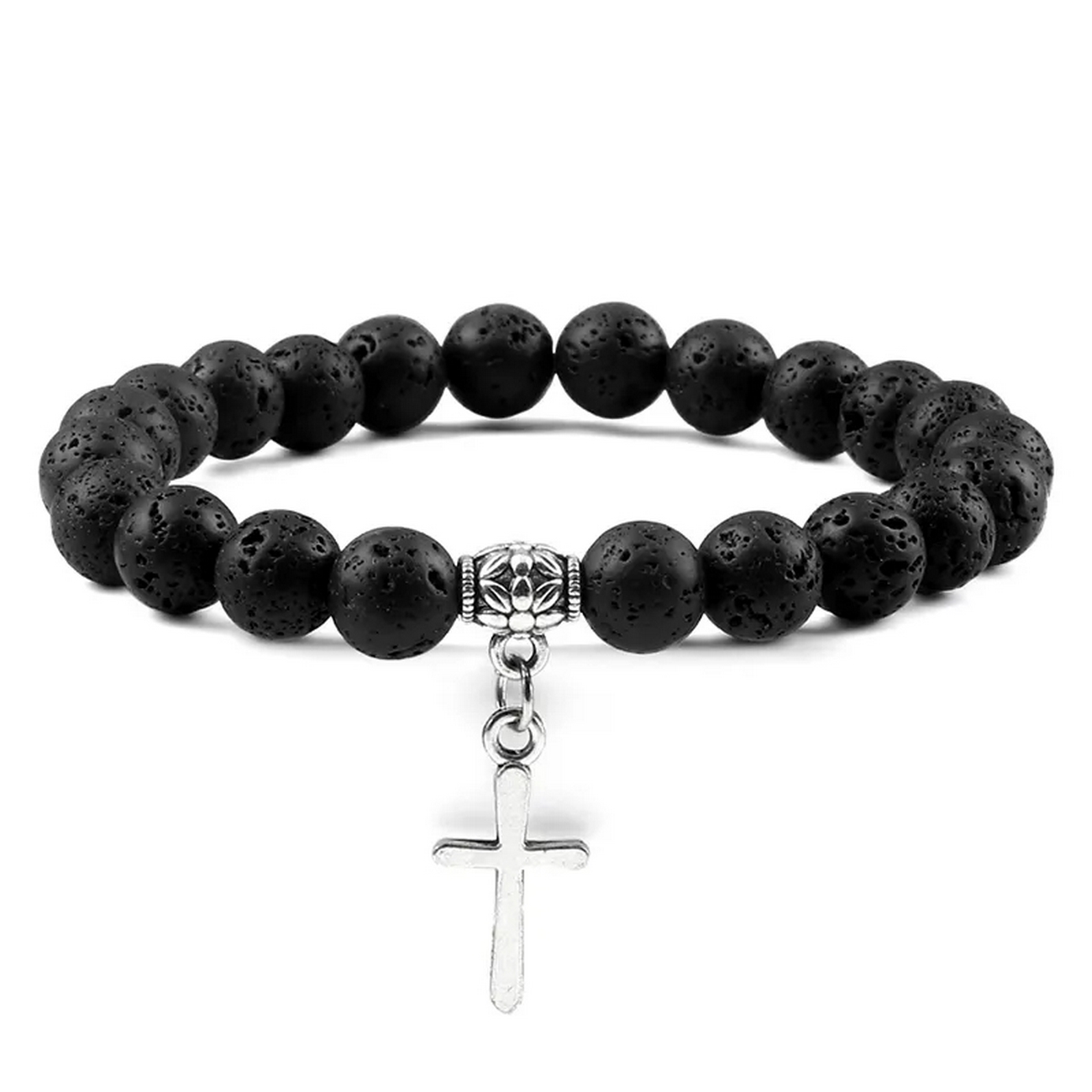 Pulsera Cruz Piedra Volcanica + Estuche Gamushop