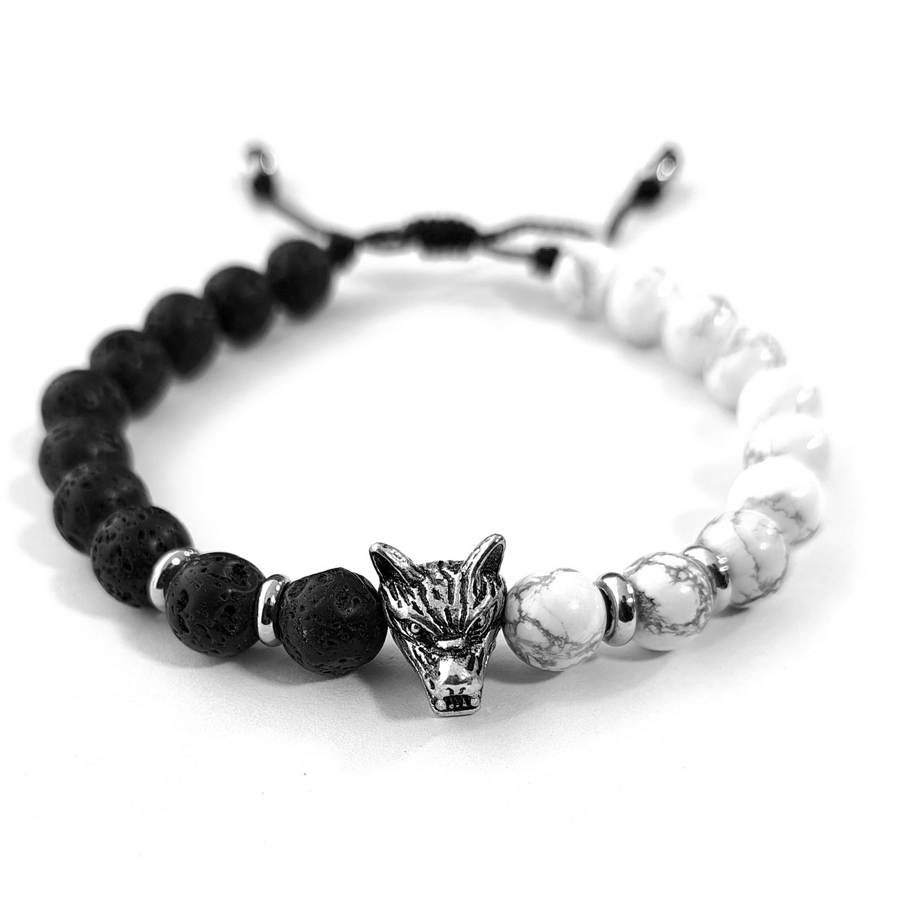 Pulsera Lobo Piedra Volcánica Cuarzo Lechoso Unisex +estuche