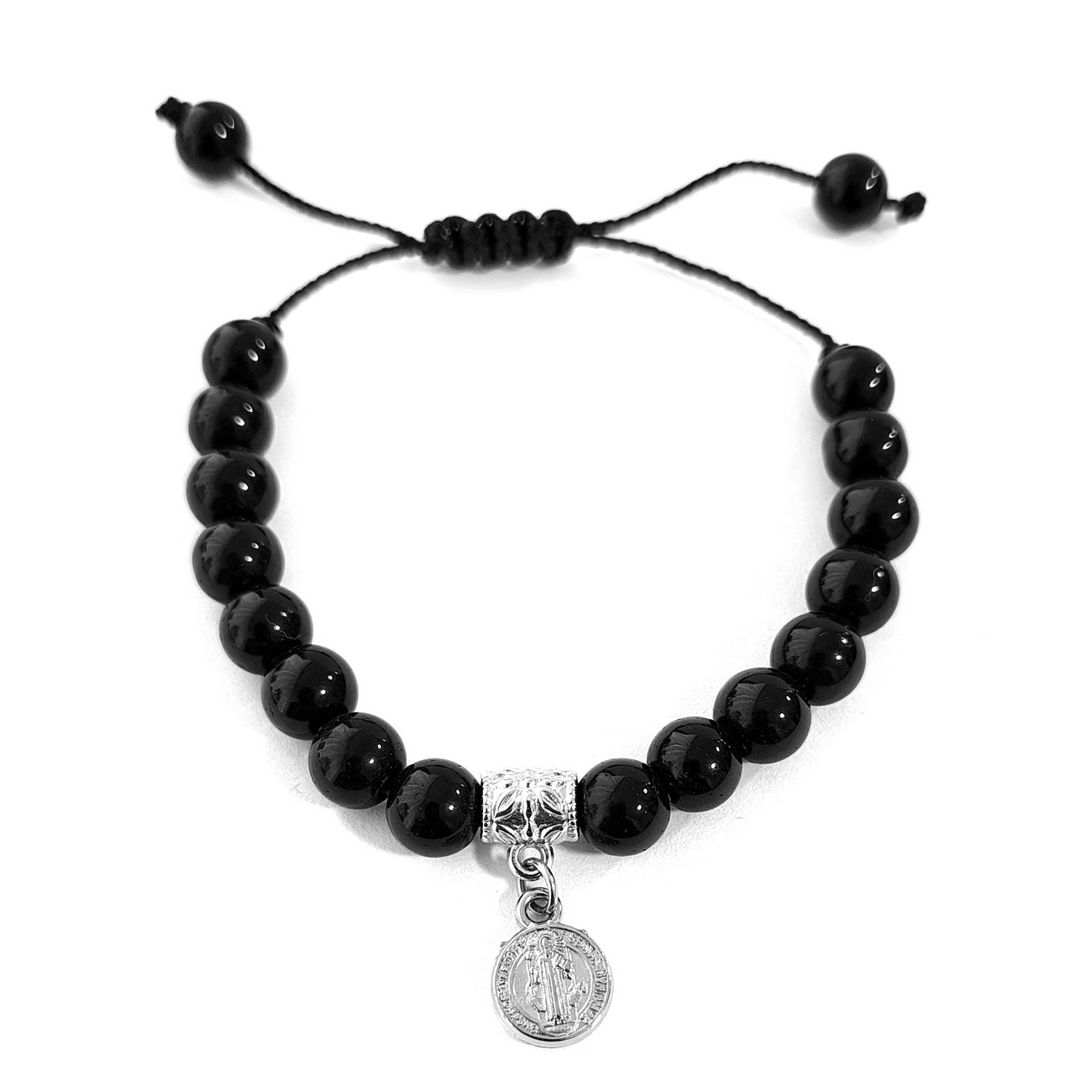 Pulsera Cuarzo Onix San Benito Medalla Proteccion + Estuche