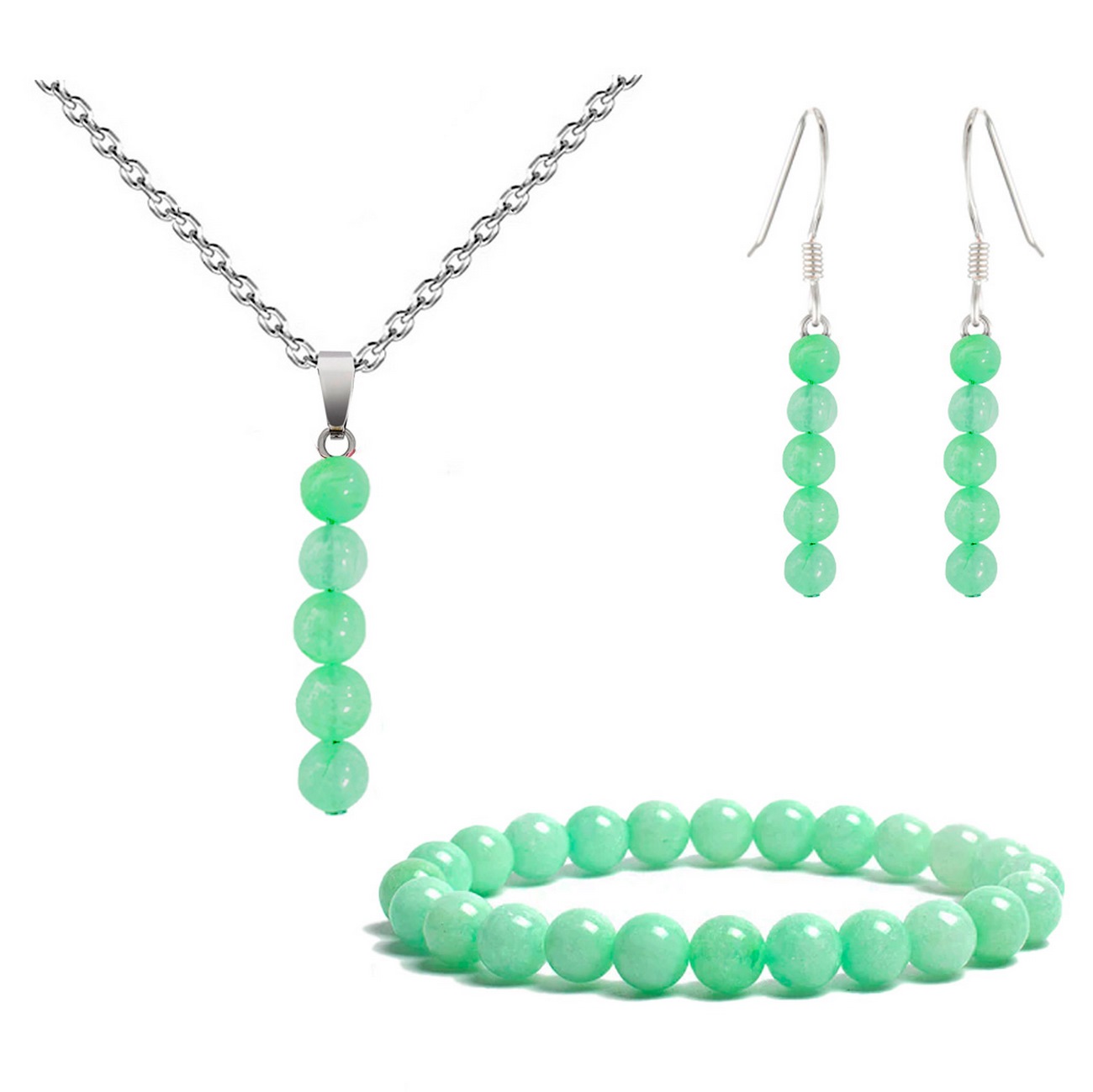 Juego Cuarzo Jade Collar Aretes Y Pulsera + Estuche 