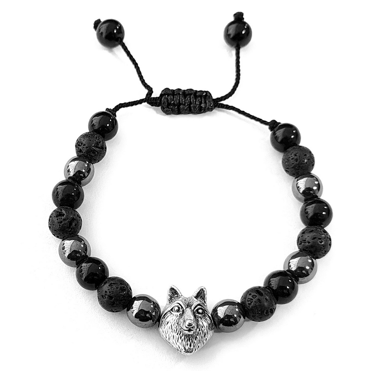 Pulsera Lobo Piedra Volcánica Hematita Onix Unisex + Estuche