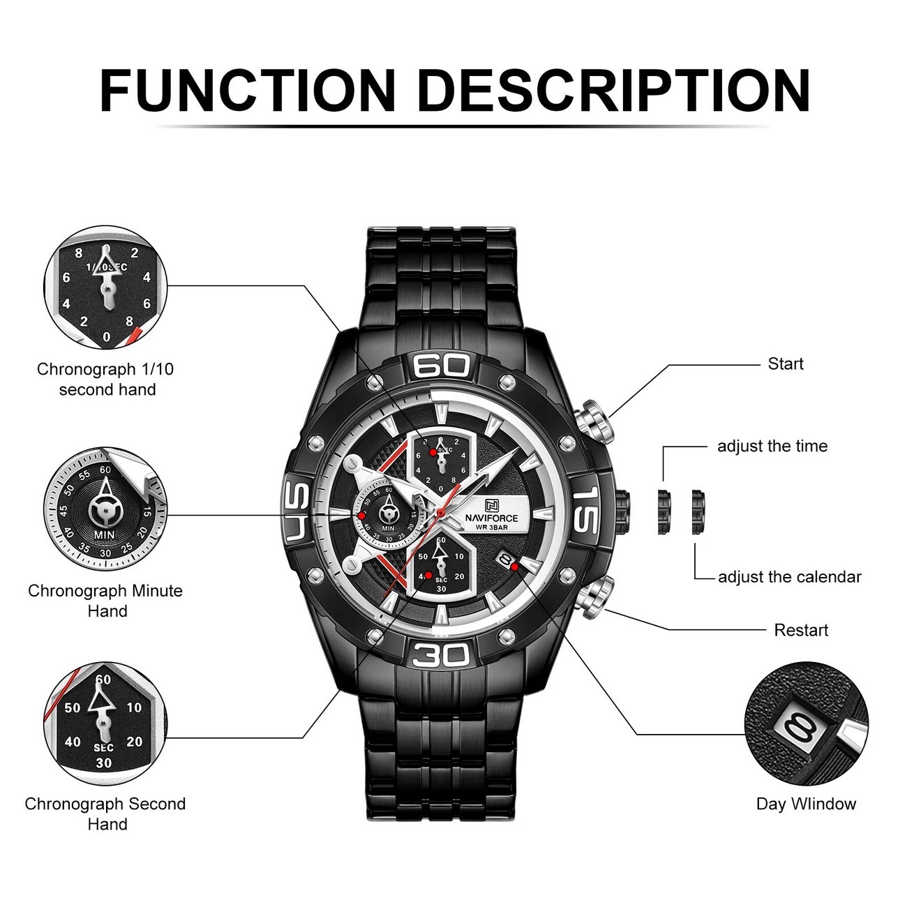 Reloj Naviforce Original Nf 8018m Cronografo Negro + Estuche