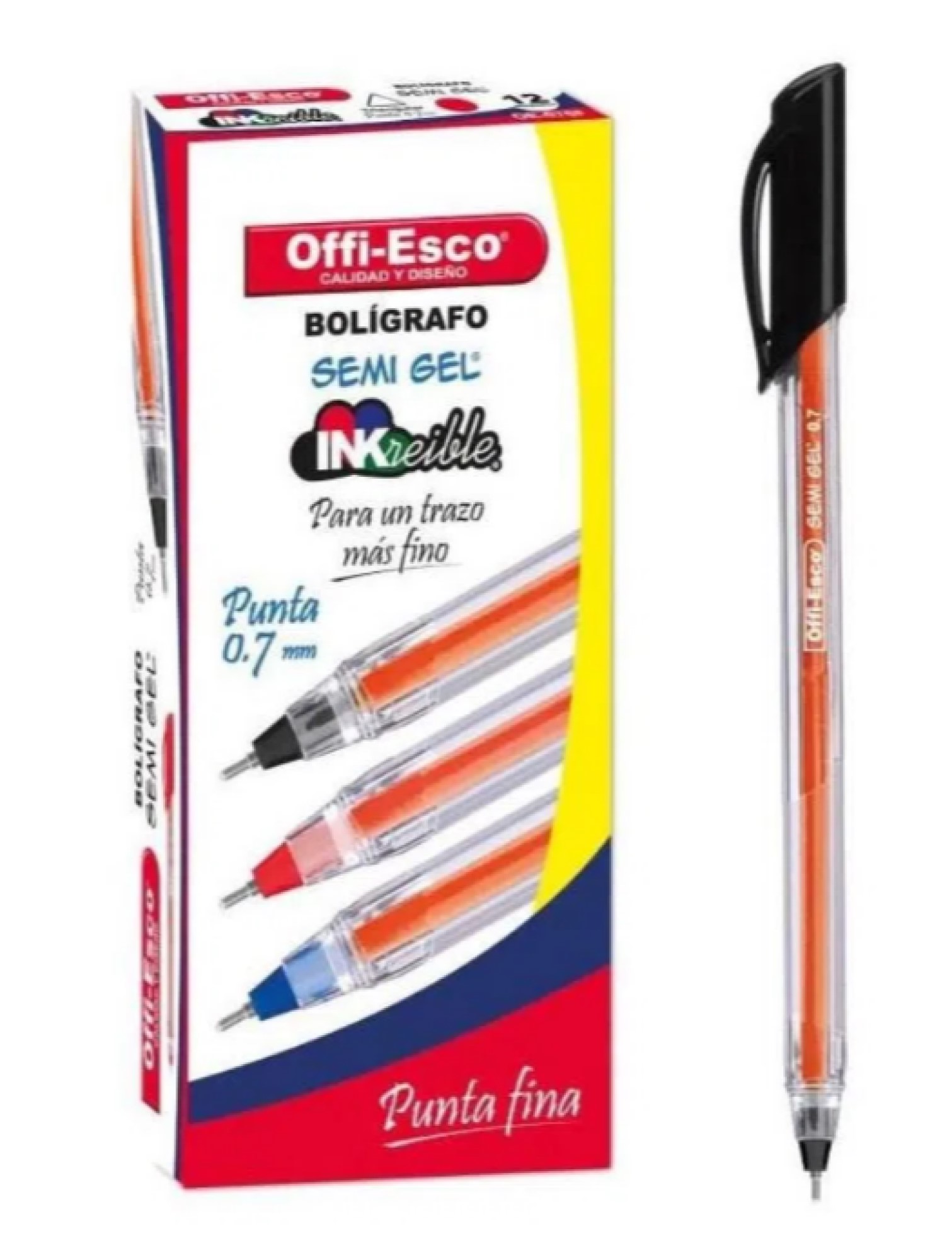 Caja bolígrafos negro semi gel offi-esco 07mm x12 uds