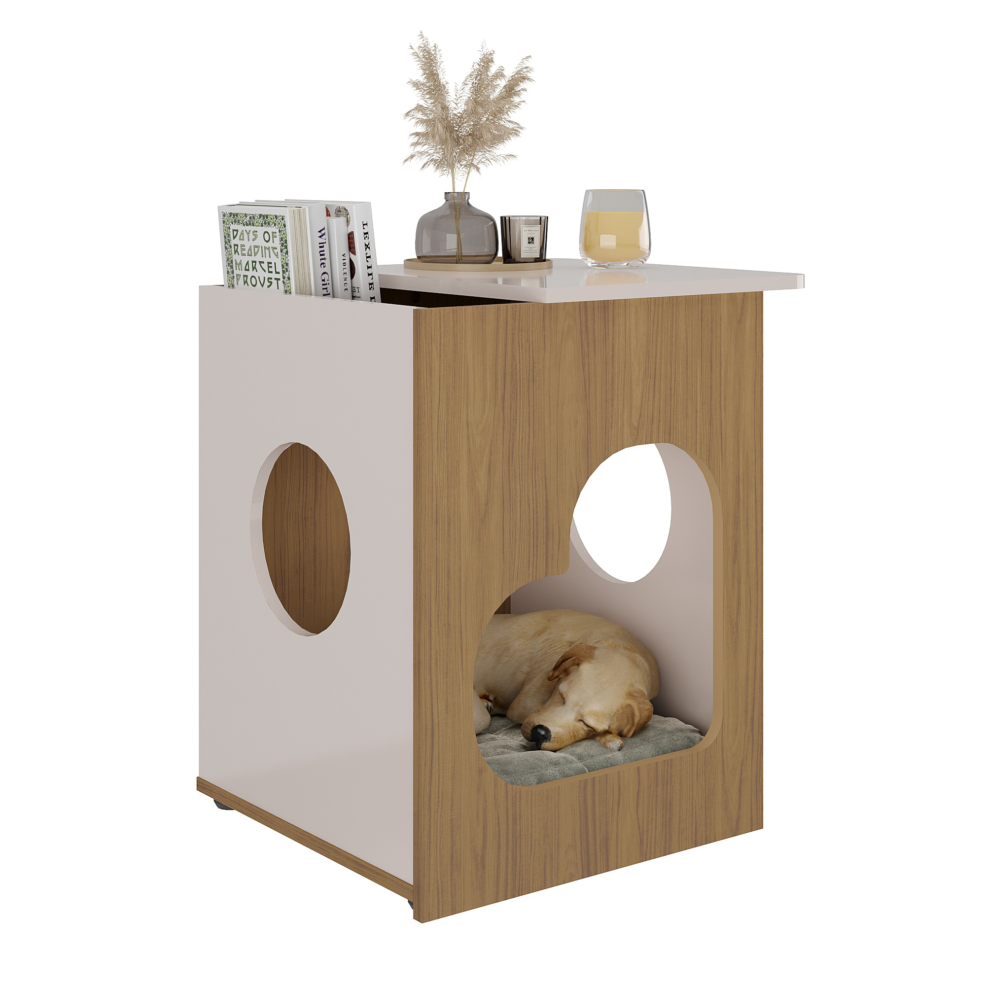 Mesa Auxiliar Mascota Pet Color Roble Y Off White