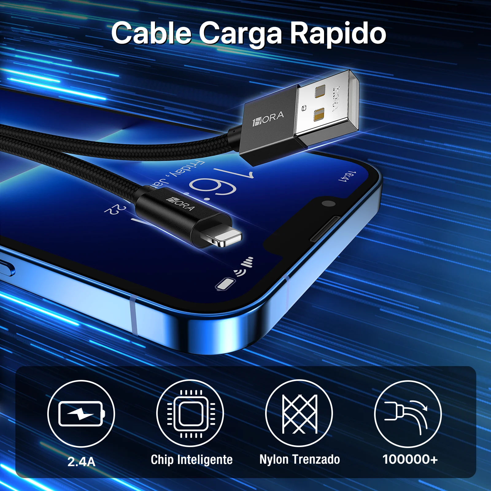 Cable 1hora Agujeta Para iPhone 2.4a Carga Rapida Datos Rudo Color Negro CAB250