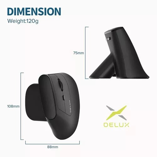 Mouse Vertical Wireless Recargable Delux MV6 Gc / Ergonómico Negro