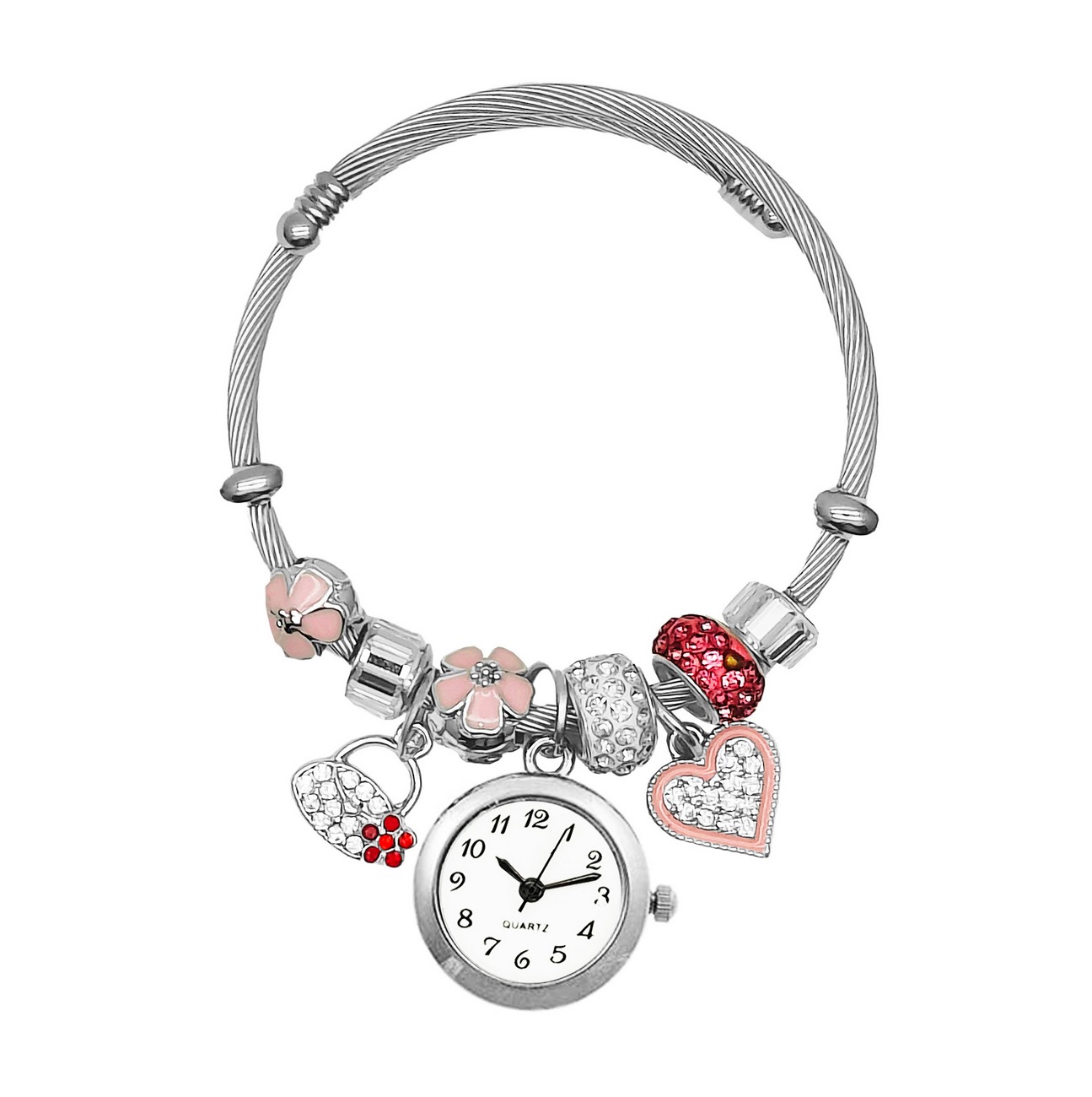 Reloj Mujer Dama Pulsera Acero Dije Corazon Rosa + Estuche 