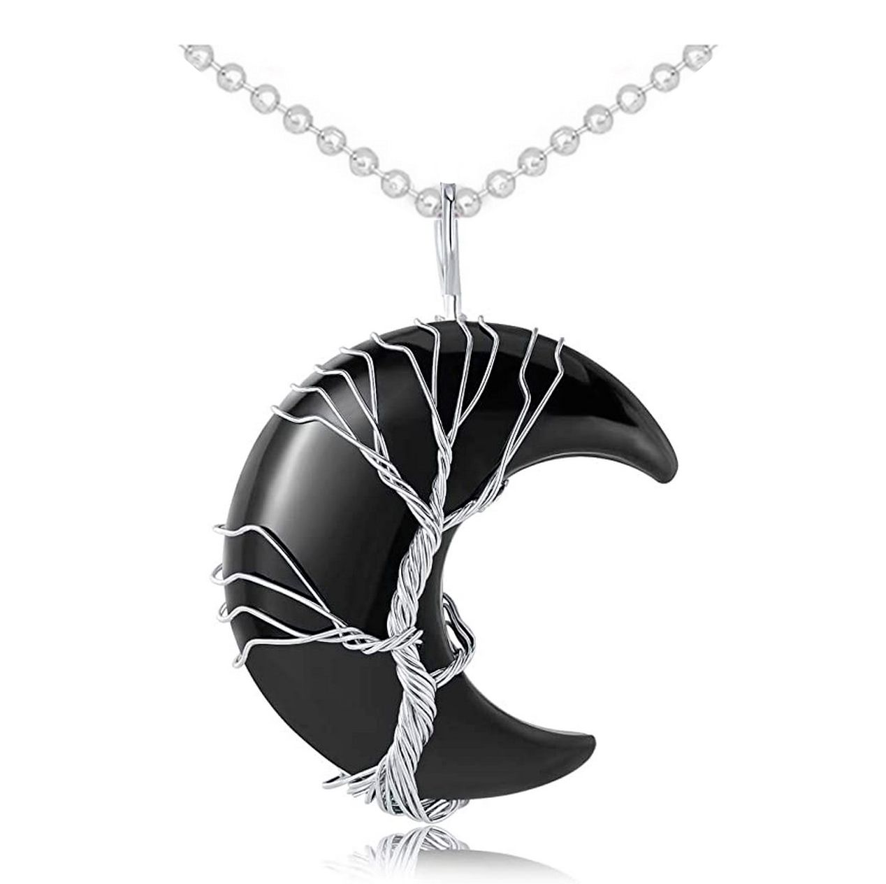 Collar Cuarzo Luna Arbol De La Vida Onix Cadena Acero + Estuche