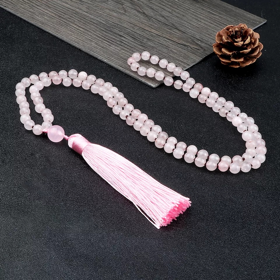 Japa Mala Rosario Piedra Natural Cuarzo Rosa 108 Cuentas + Estuche