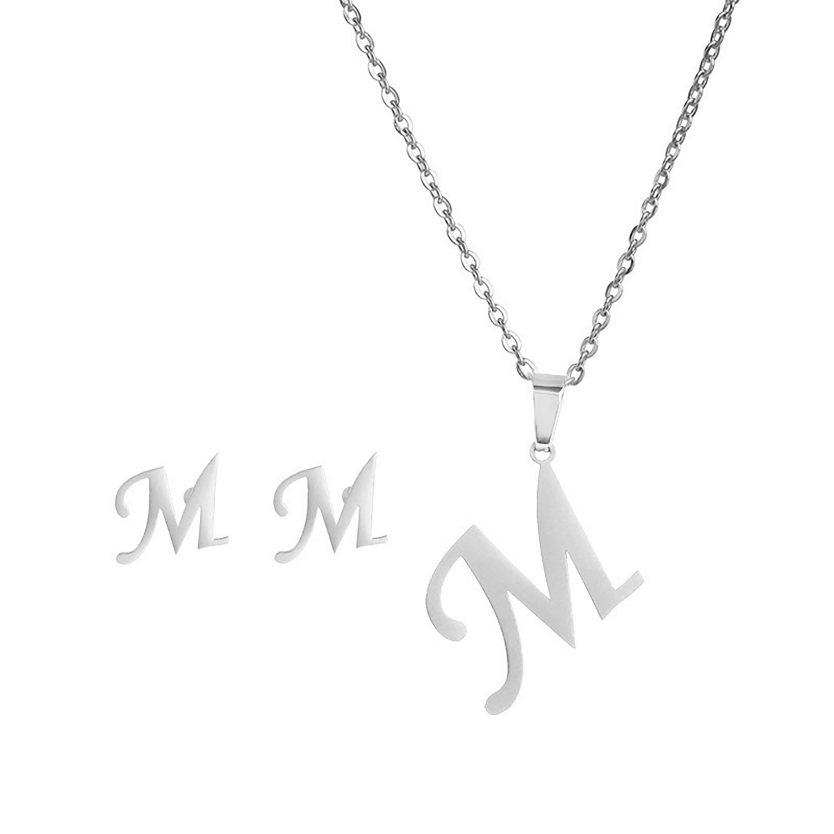 Collar Inicial Letra M Juego Joya + Arete Incial M + Estuche