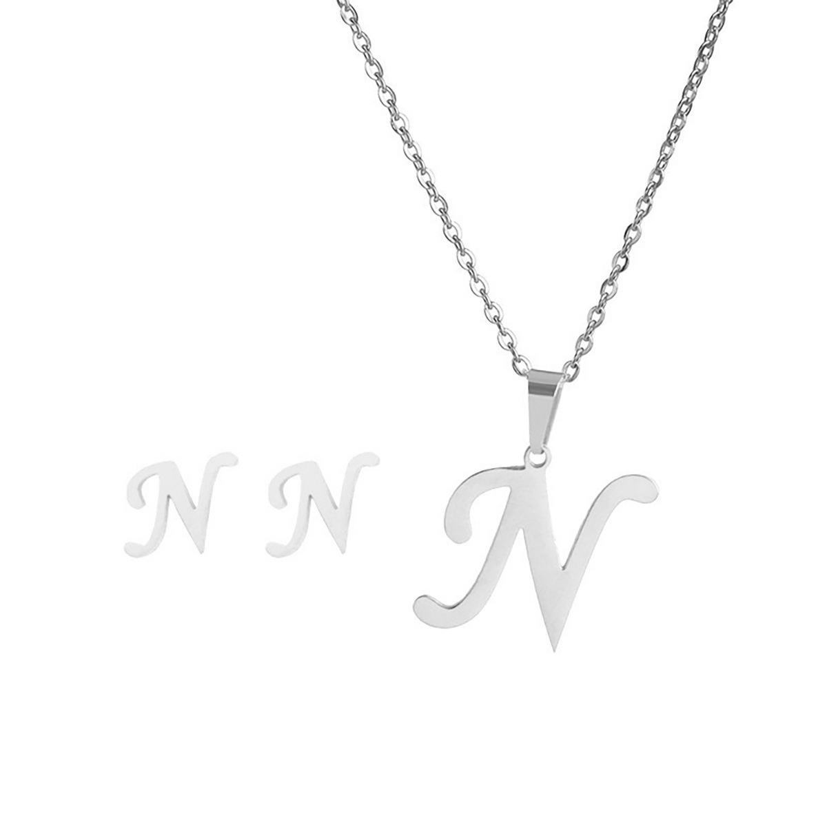 Collar Inicial Letra N Juego Joya + Arete Incial N + Estuche