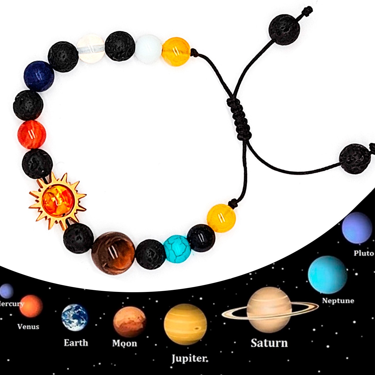 Pulsera Sistema Solar Planetas Cuarzo Tejida Unisex+ Estuche