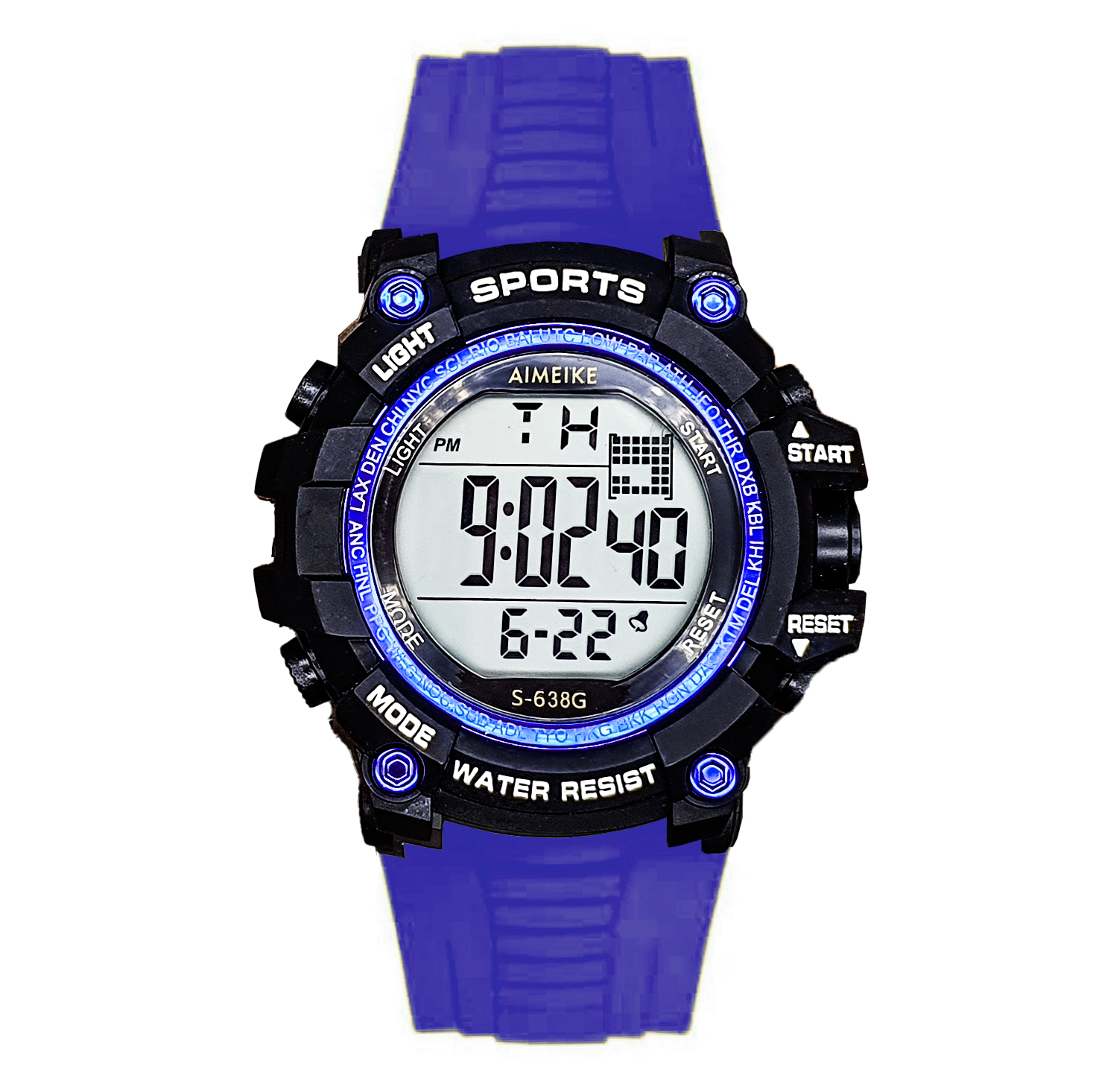 Reloj Digital Resistente Al Agua 30 M Sports Azul Luces+ Estuche