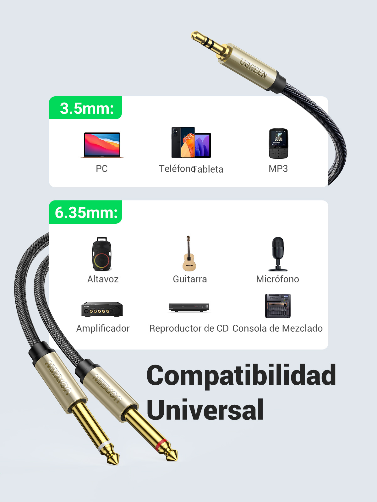 Cable 2 Plug 6.5mm A Plug 3,5mm Stereo 3mts Ugreen 10615