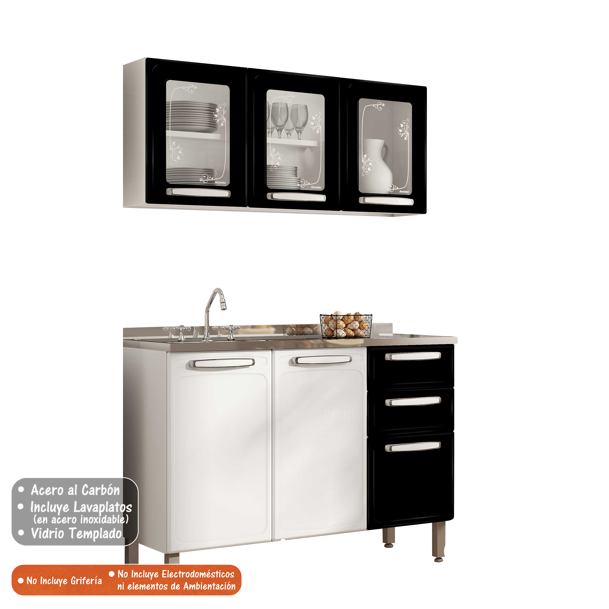 Cocina Integral Bertolini En Acero 1.20m Incluye Lavaplatos Color Negro