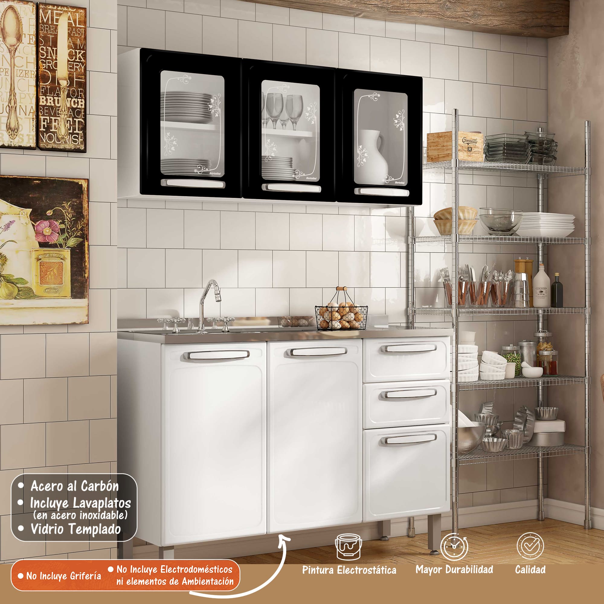 Cocina Integral Bertolini En Acero 1.20m Incluye Lavaplatos Color Negro y Blanco