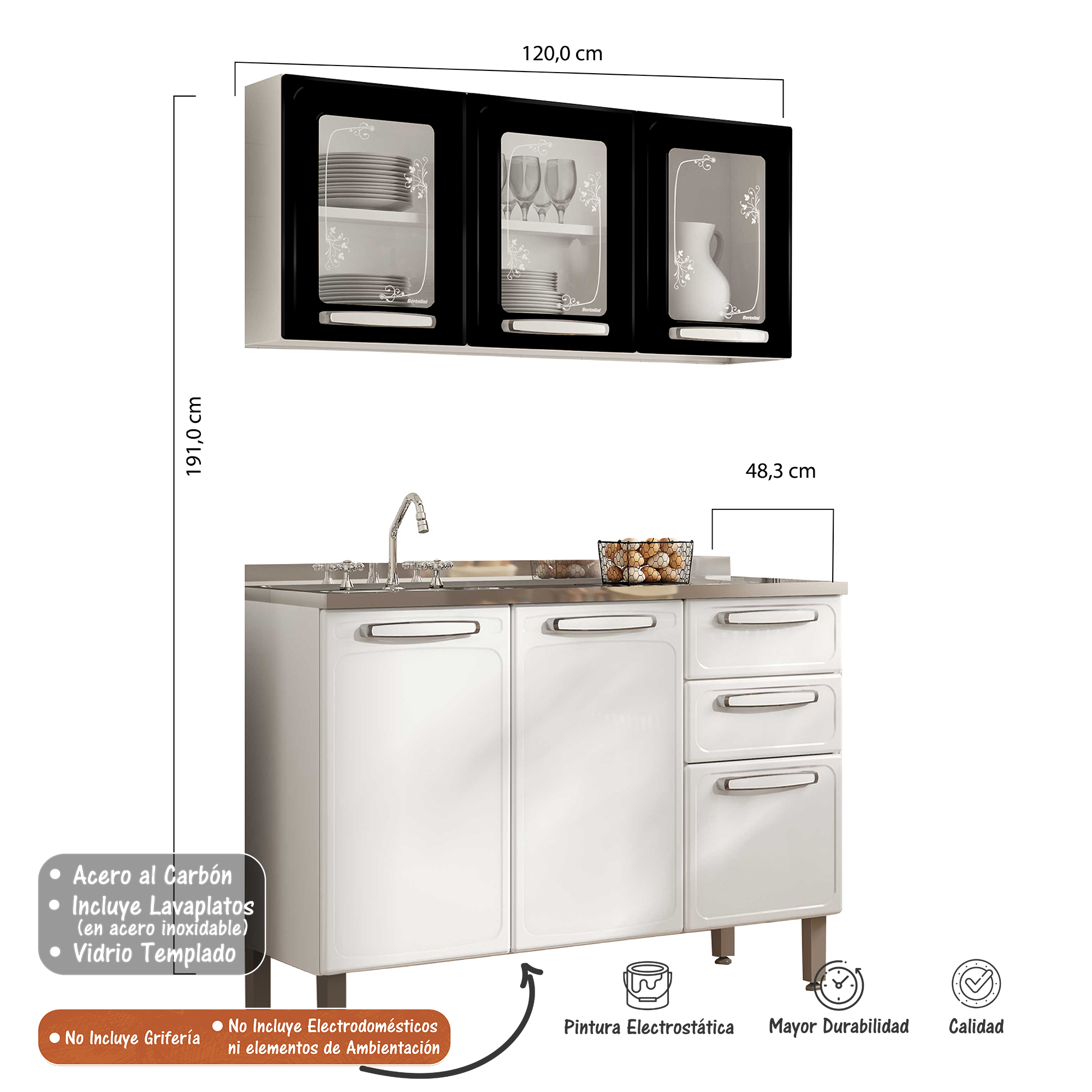 Cocina Integral Bertolini En Acero 1.20m Incluye Lavaplatos Color Negro y Blanco