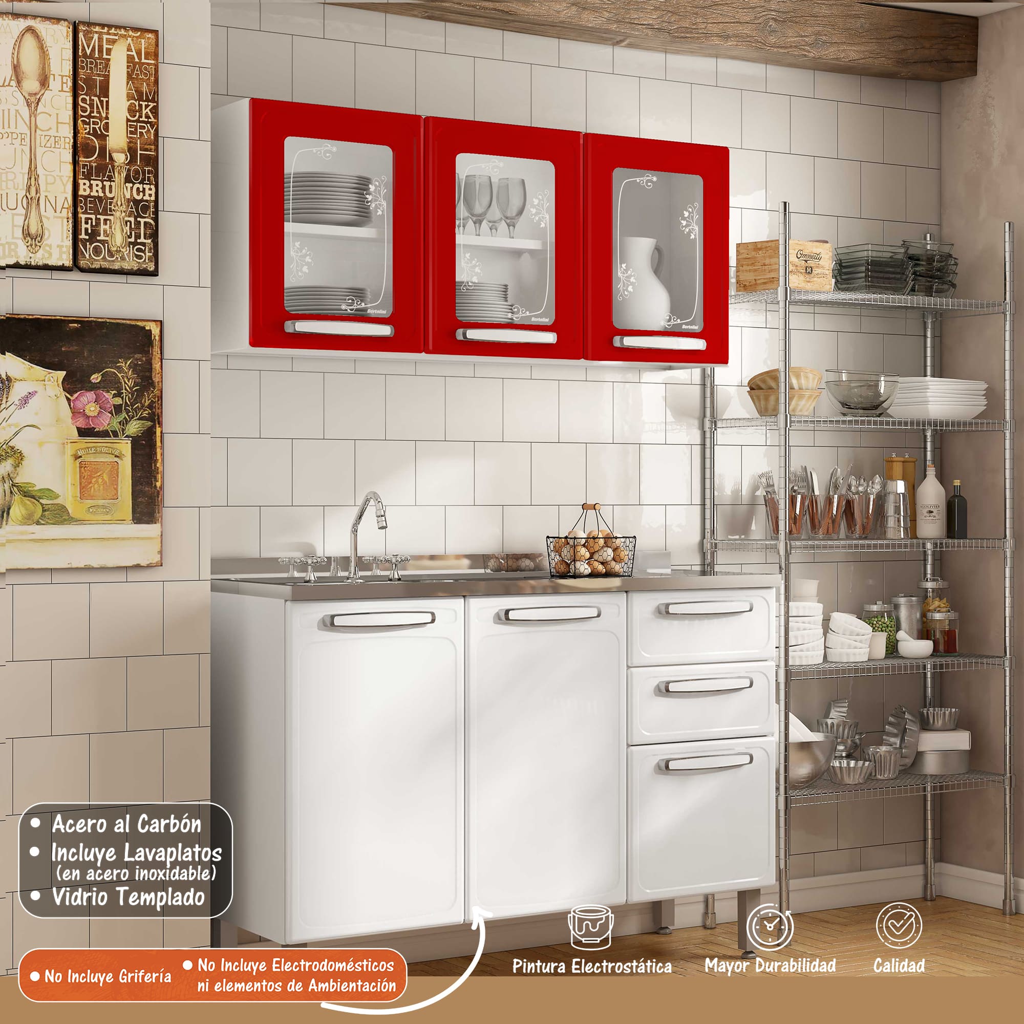 Cocina Integral Bertolini En Acero 1.20m Incluye Lavaplatos Color Rojo y Blanco