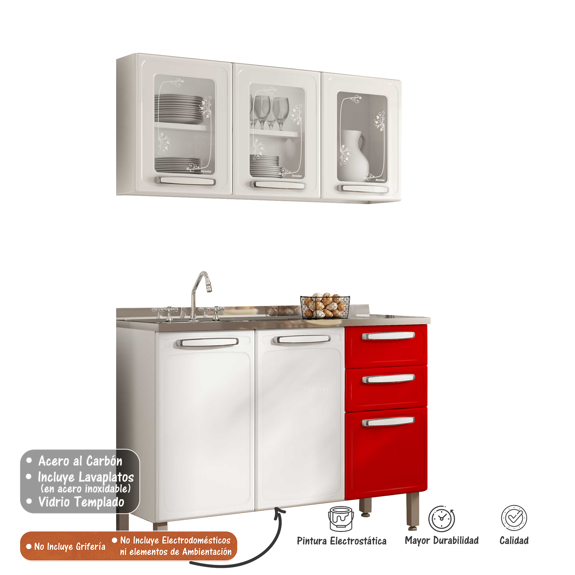 Cocina Integral Bertolini En Acero 1.20m Incluye Lavaplatos Color Blanco Con Rojo