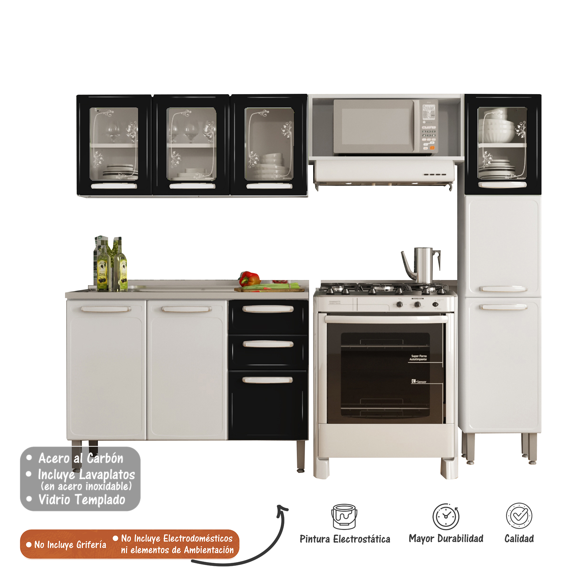 Cocina Integral Bertolini En Acero 2.20m Incluye Lavaplatos Color Negro