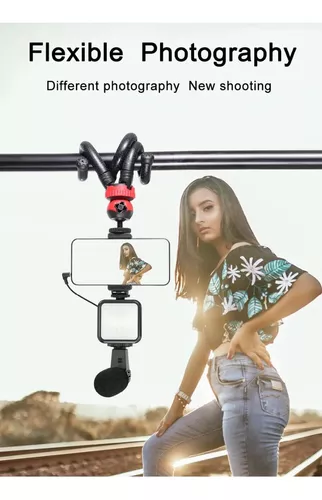 Kit Streaming Celular Vlogs Trípode Micrófono Luz Led Selfie