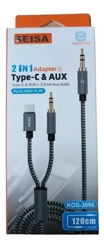Cable Adaptador 2 En 1 Auxiliar A Tipo C Y Auxiliar Nylon