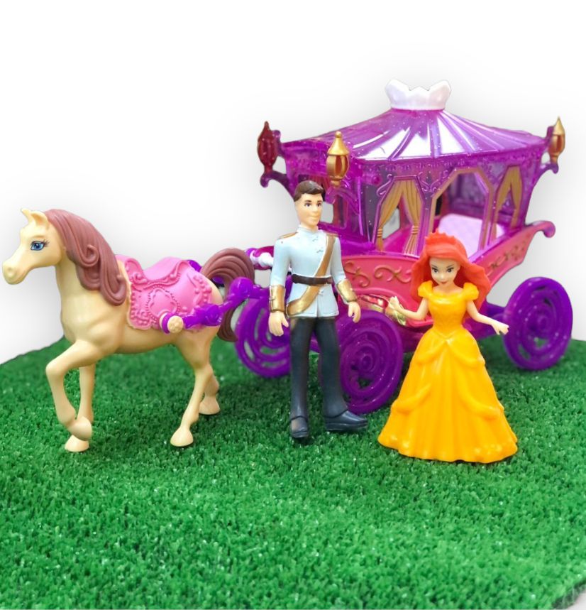 Carruaje con caballo de juguete para niñas con muñecos 