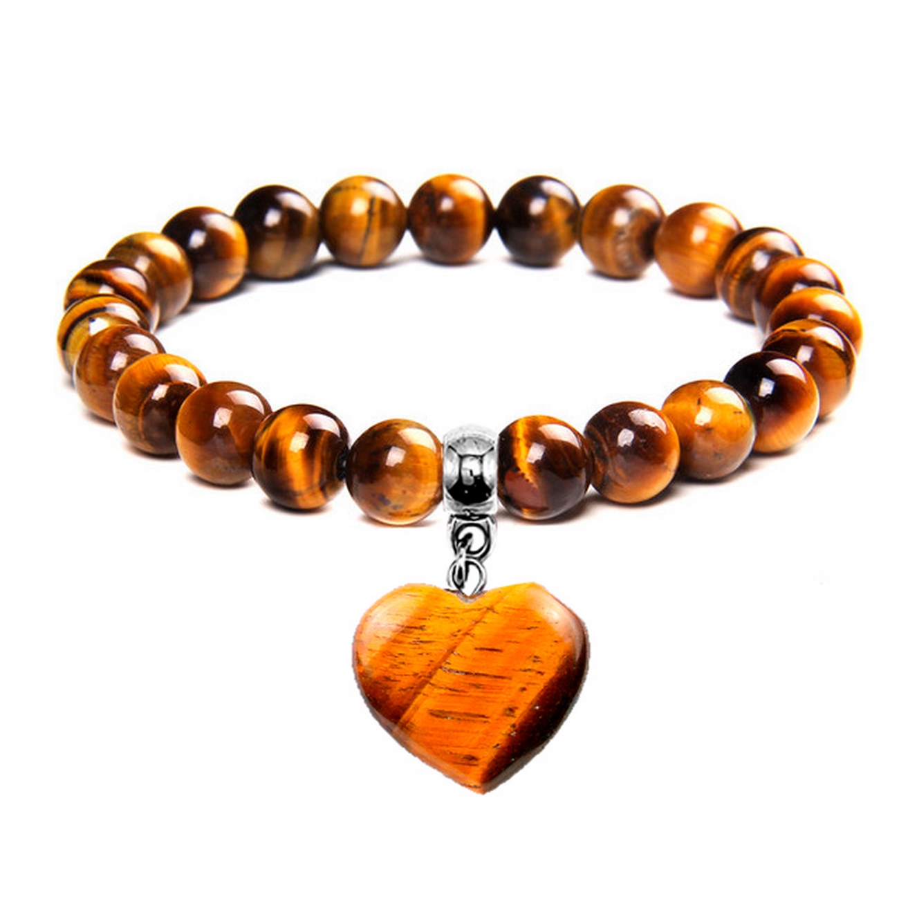 Pulsera Cuarzo Ojo de Tigre Dije Corazón + Estuche