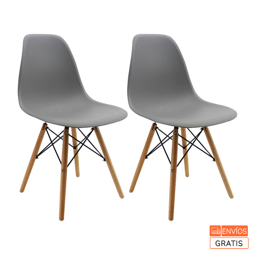 Kit Por 2 Sillas Eames Patas En Madera Para Comedor, Gris