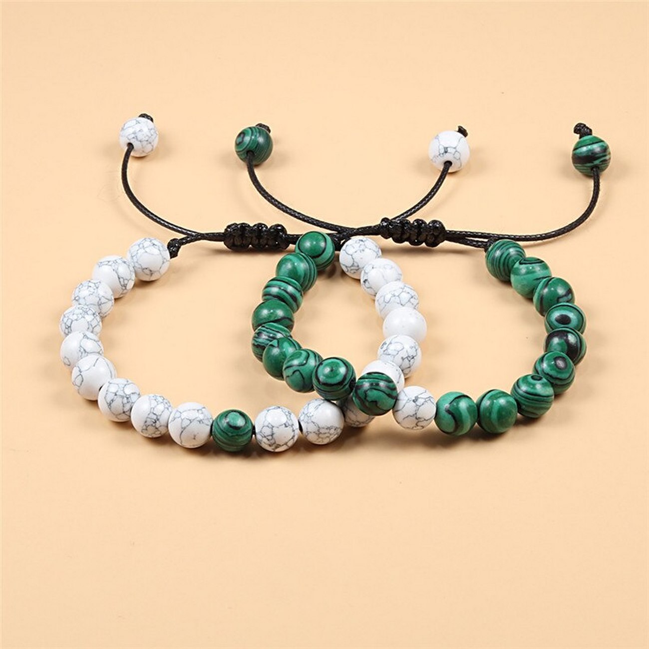 Pulsera Pareja Cuarzo Blanco - Cuarzo Malaquita + Estuche