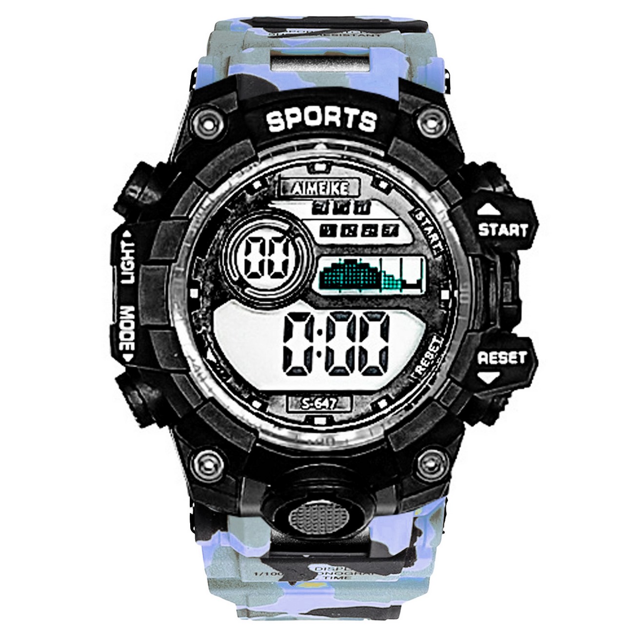 Reloj Digital Resistente Al Agua Militar Camuflado Azul + Estuche