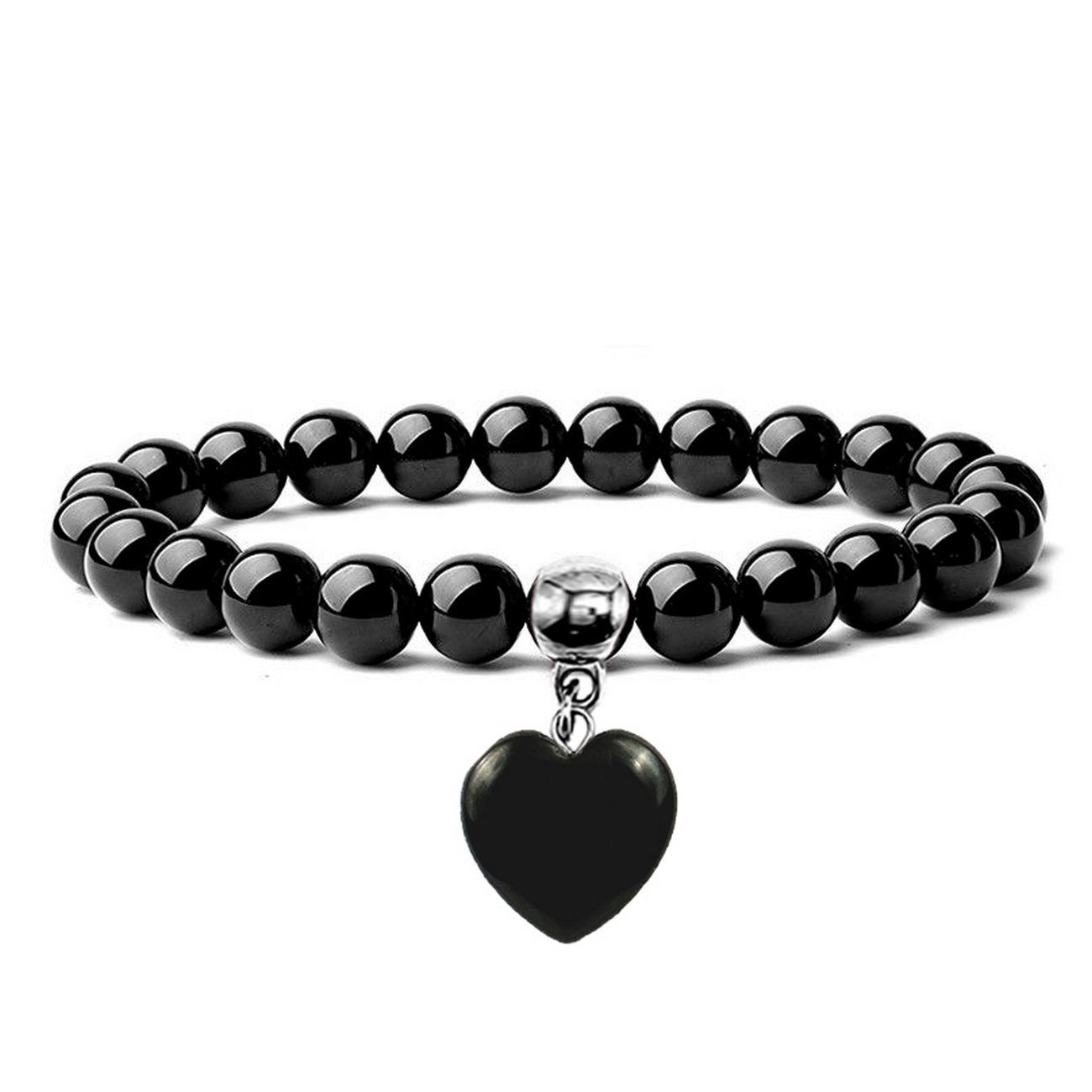 Pulsera Cuarzo Onix Dije Corazón + Estuche