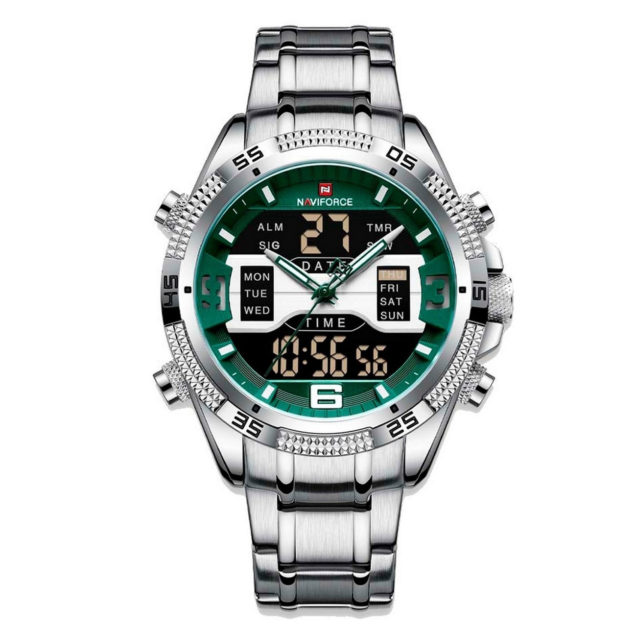 Reloj Naviforce Original 9201 Acero Inoxidable + Estuche Color De La Correa Plateado/verde