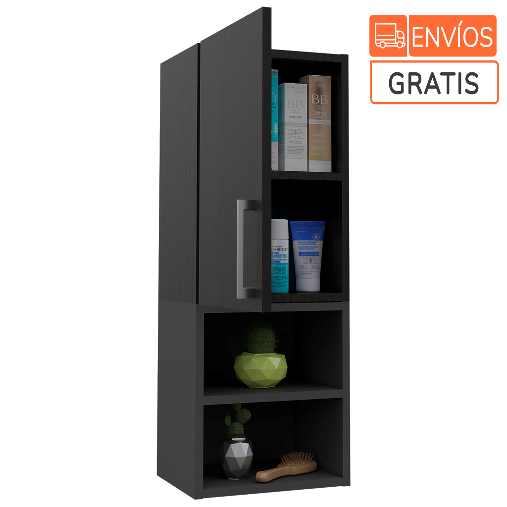 Gabinete De Baño Oporto, Negro Y Plata Oscuro, Con Dos Entrepaños