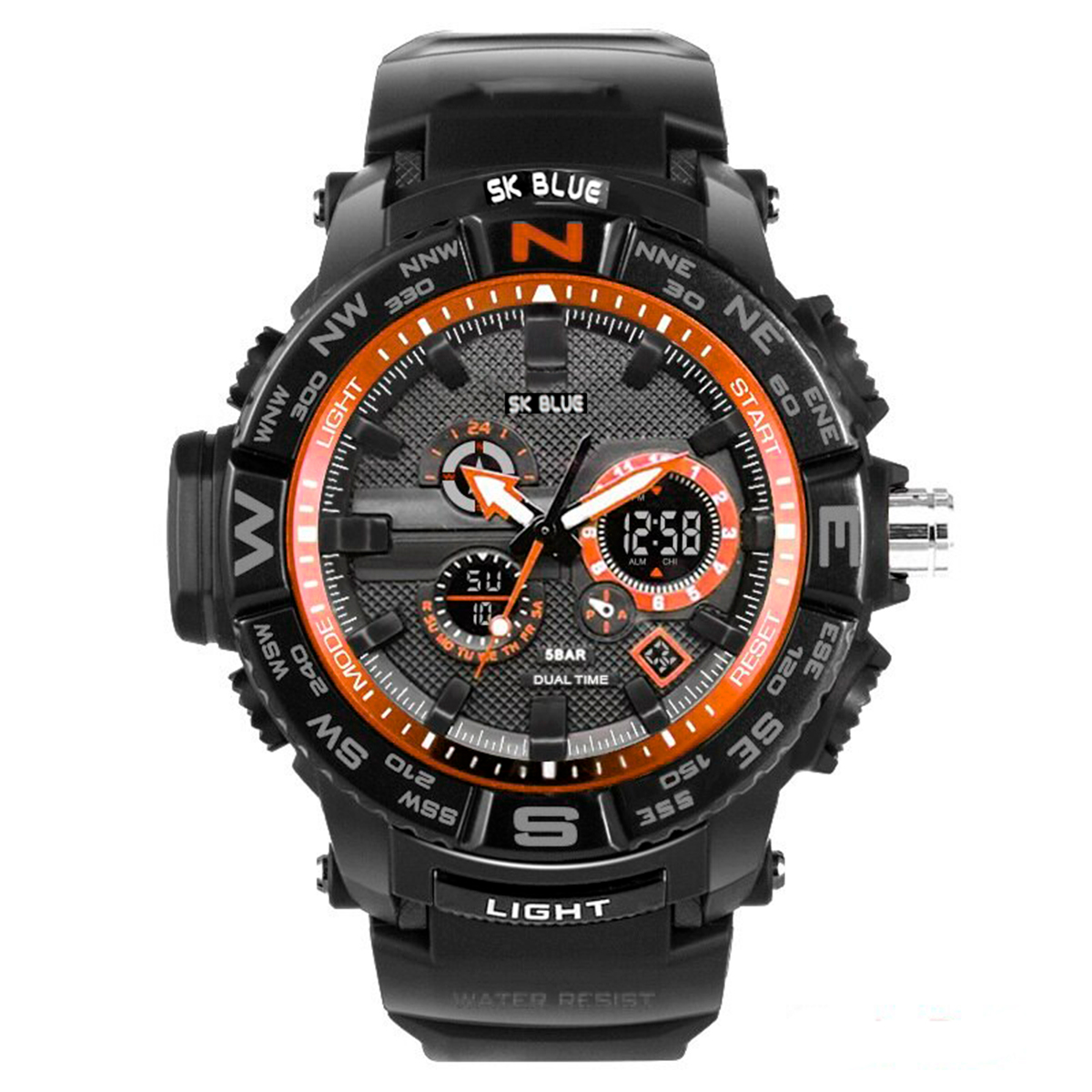 Reloj Caballero Shock Impermeable Digital Led Doble Hora Orientacion Naranja + Estuche