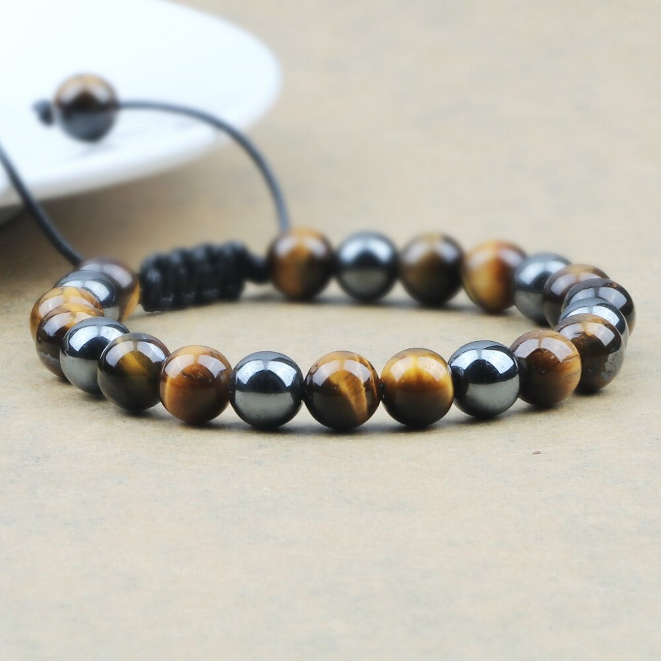 Pulsera Cuarzo Ojo De Tigre - Hematita Tejida Unisex + Estuche