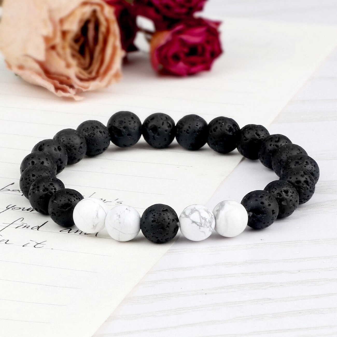 Pulsera Cuarzo Blanco - Piedra Volcanica + Estuche 