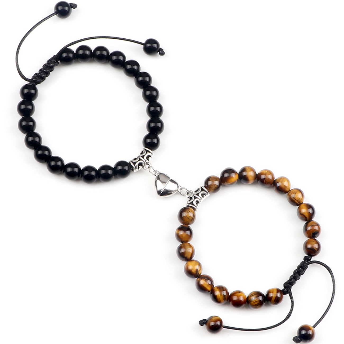 Pulsera Pareja Cuarzo Ojo De Tigre-onix Iman + Estuche