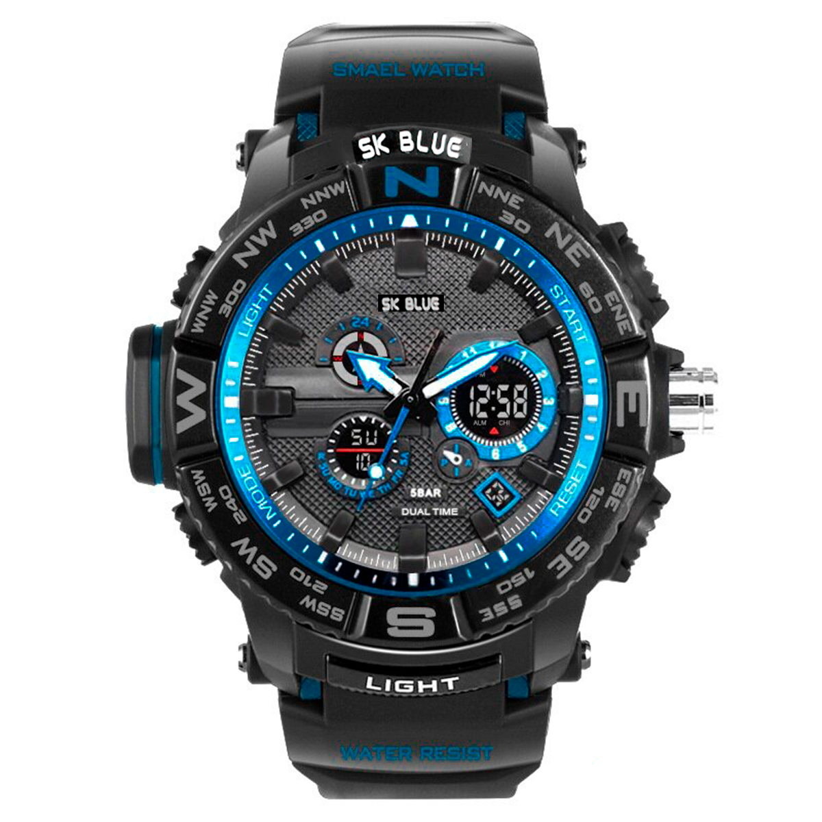 Reloj Caballero Shock Impermeable Digital Led Doble Hora Orientacion Azul + Estuche